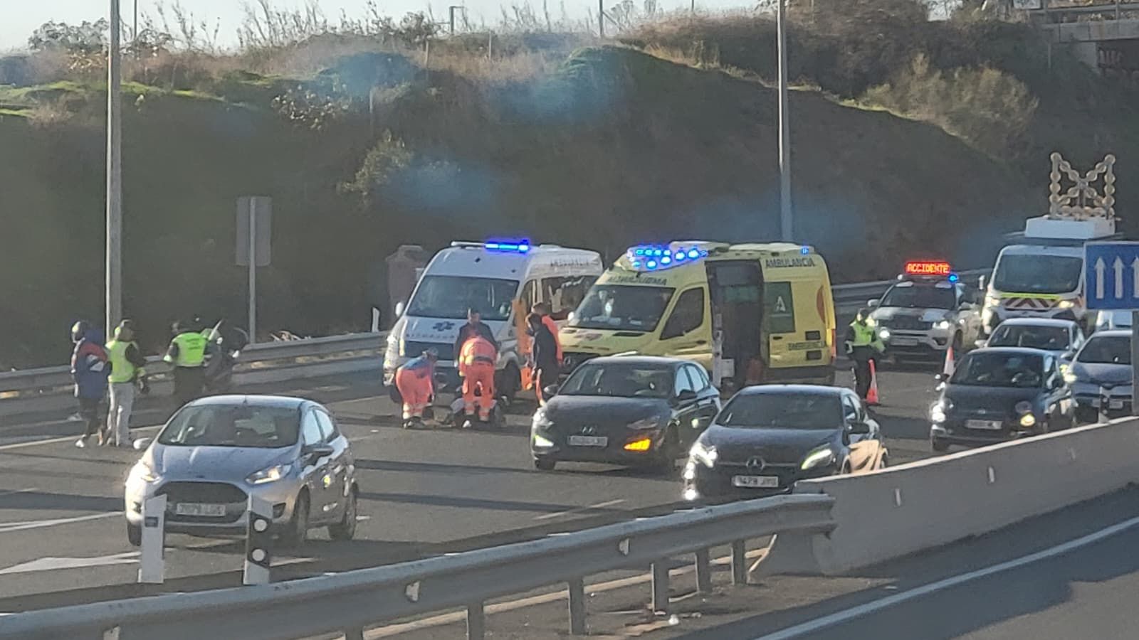 Servicios sanitarios y Guardia Civil atendiendo el accidente en la A7