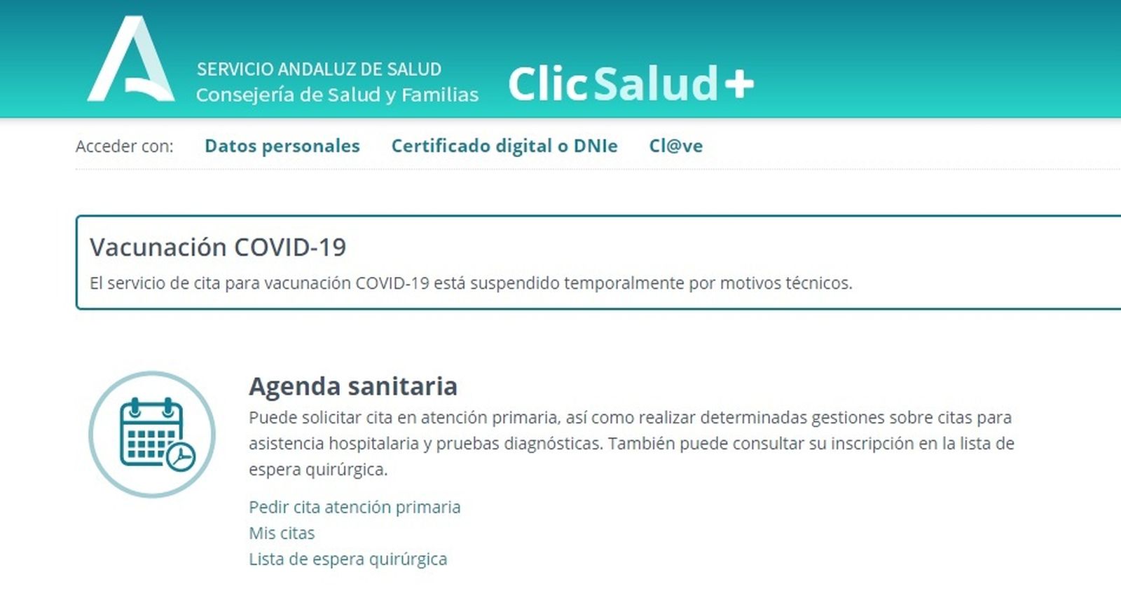 Mensaje en la web de ClicSalud+ de la Junta de Andalucía.