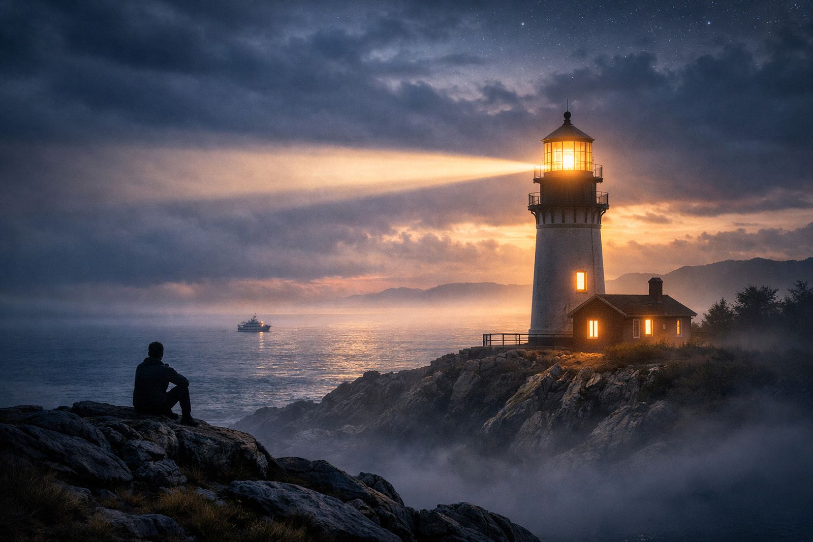 Una persona contemplativa junto a un faro.