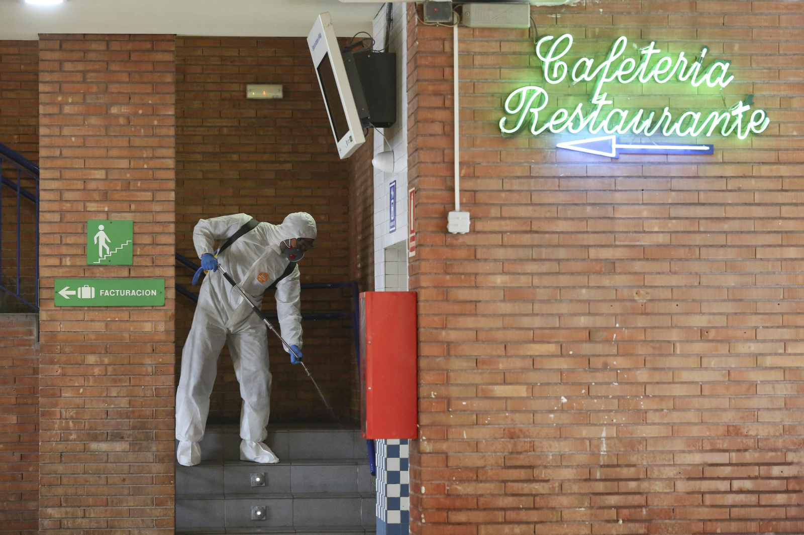 La UME desinfecta en Málaga la estación de autobuses y el puerto, en fotos