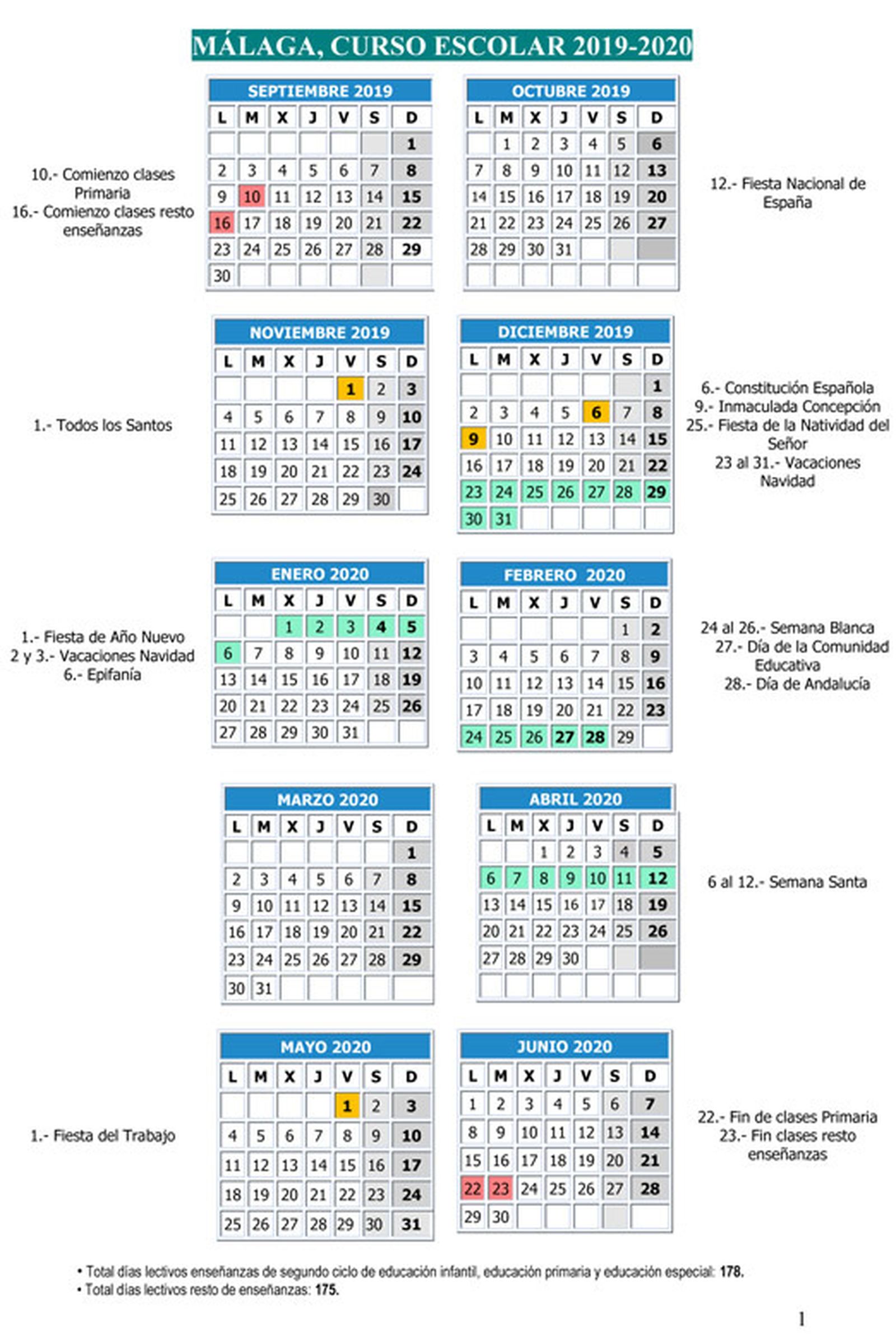 Calendario Escolar de Málaga para el próximo curso.