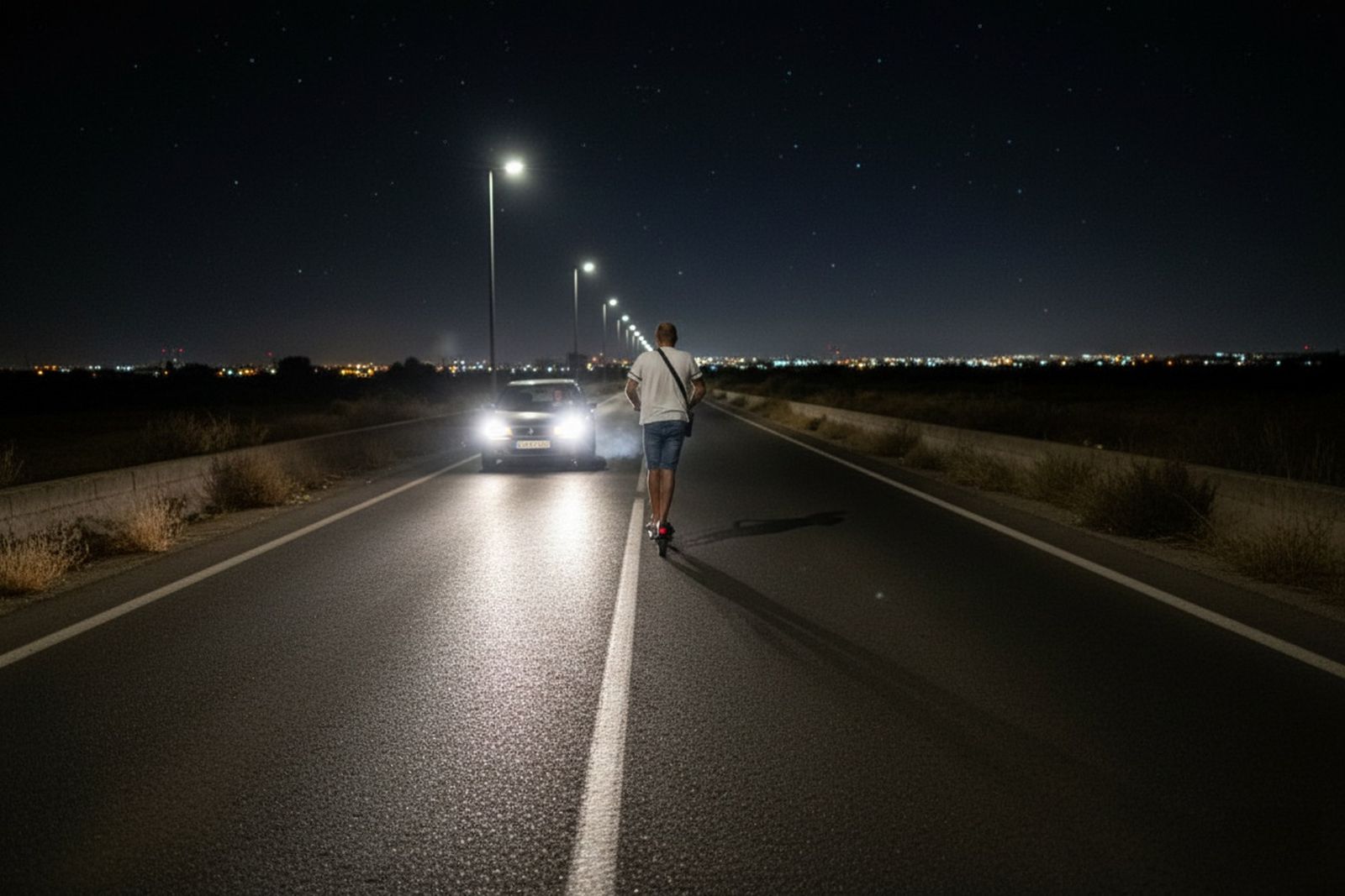 "Un usuario de patinete circula por una vía interurbana de Almería en condiciones de baja visibilidad, uno de los factores clave en la mortalidad de 2025.