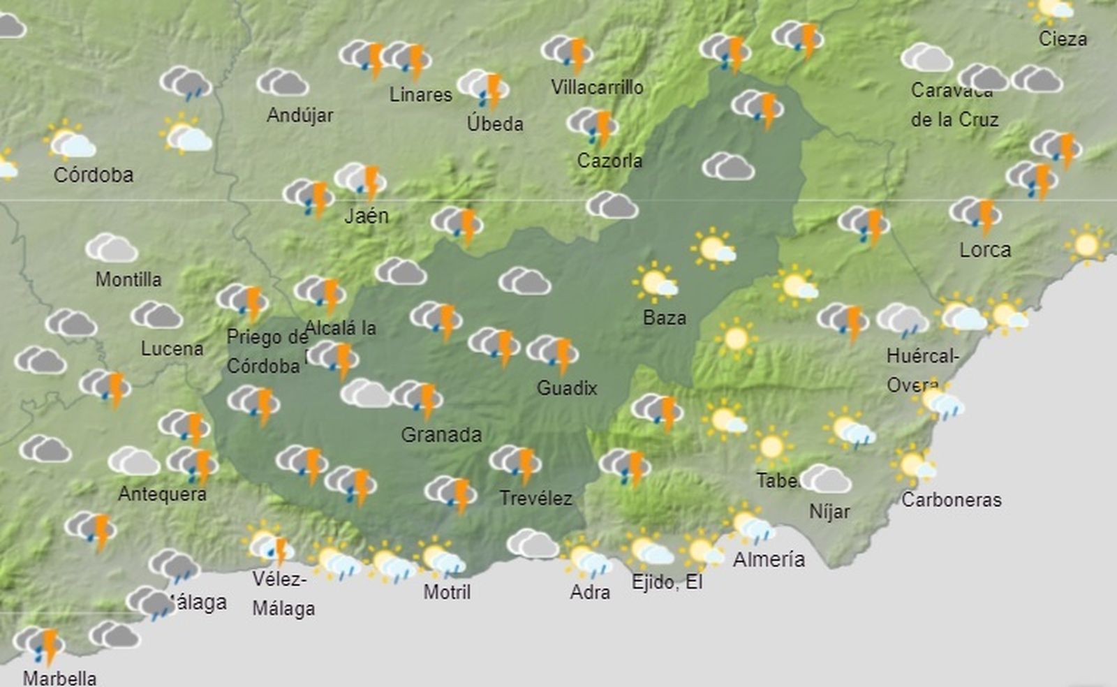 Mapa de previsión de AEMET para el martes 3 de mayo en la provincia de Granada