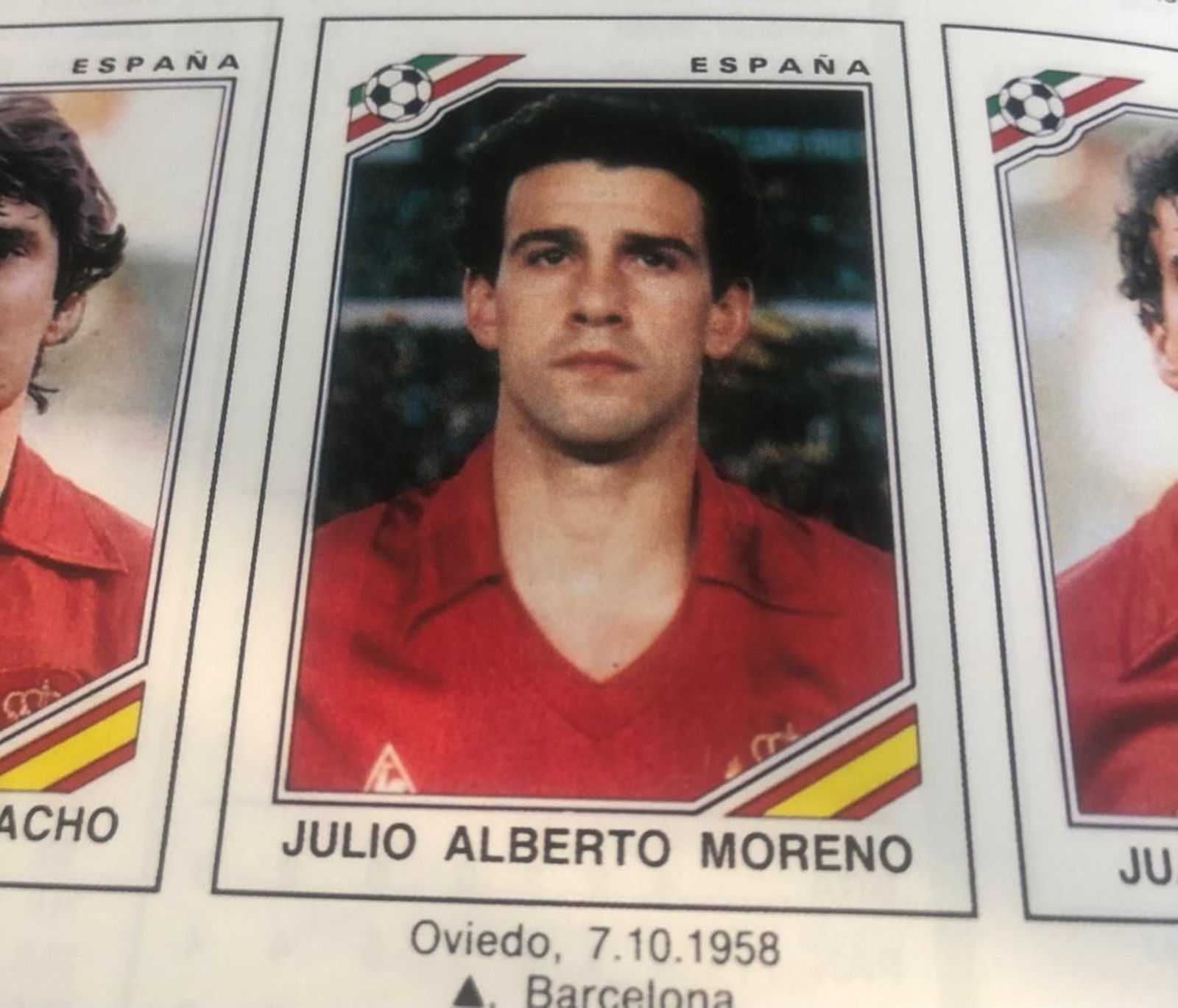 Julio Alberto (Recre, 1979/80), en su cromo con la selección española del álbum de Panini del Mundial de México 86.