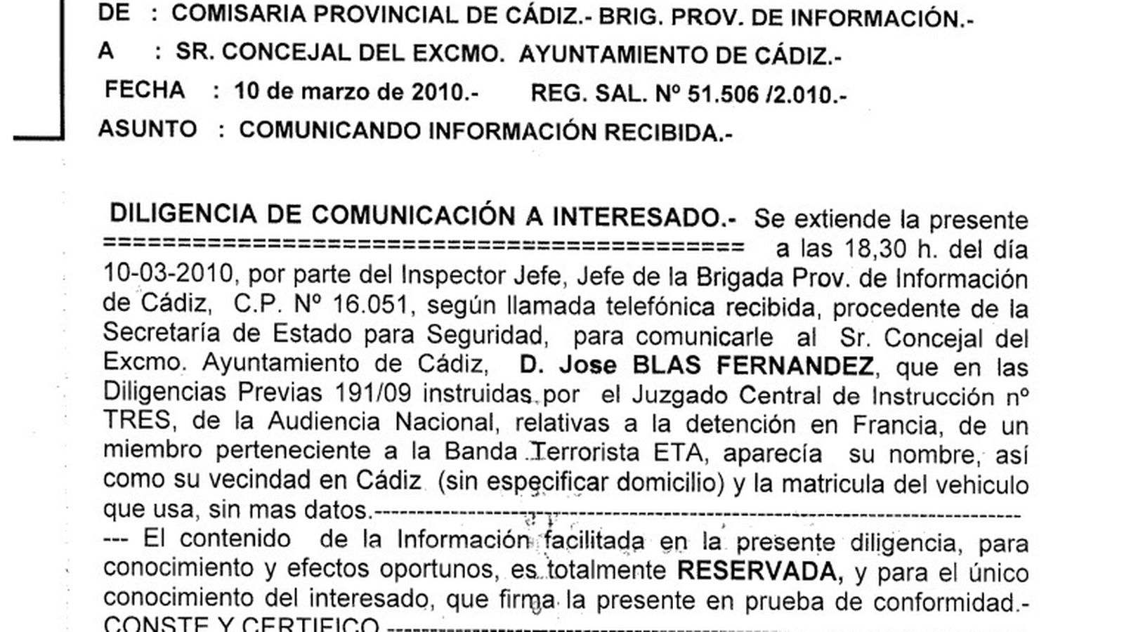Documento que recibió José Blas Fernández de manos de la Policía Nacional