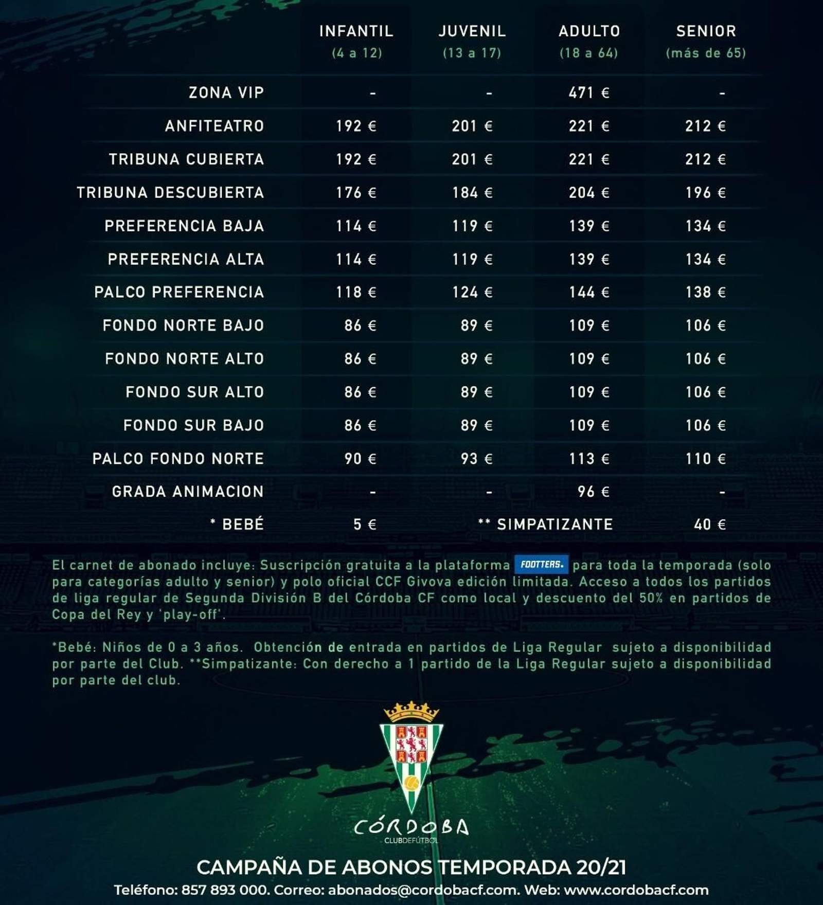 Precios de la campaña de abonados del Córdoba CF 2020-2021.