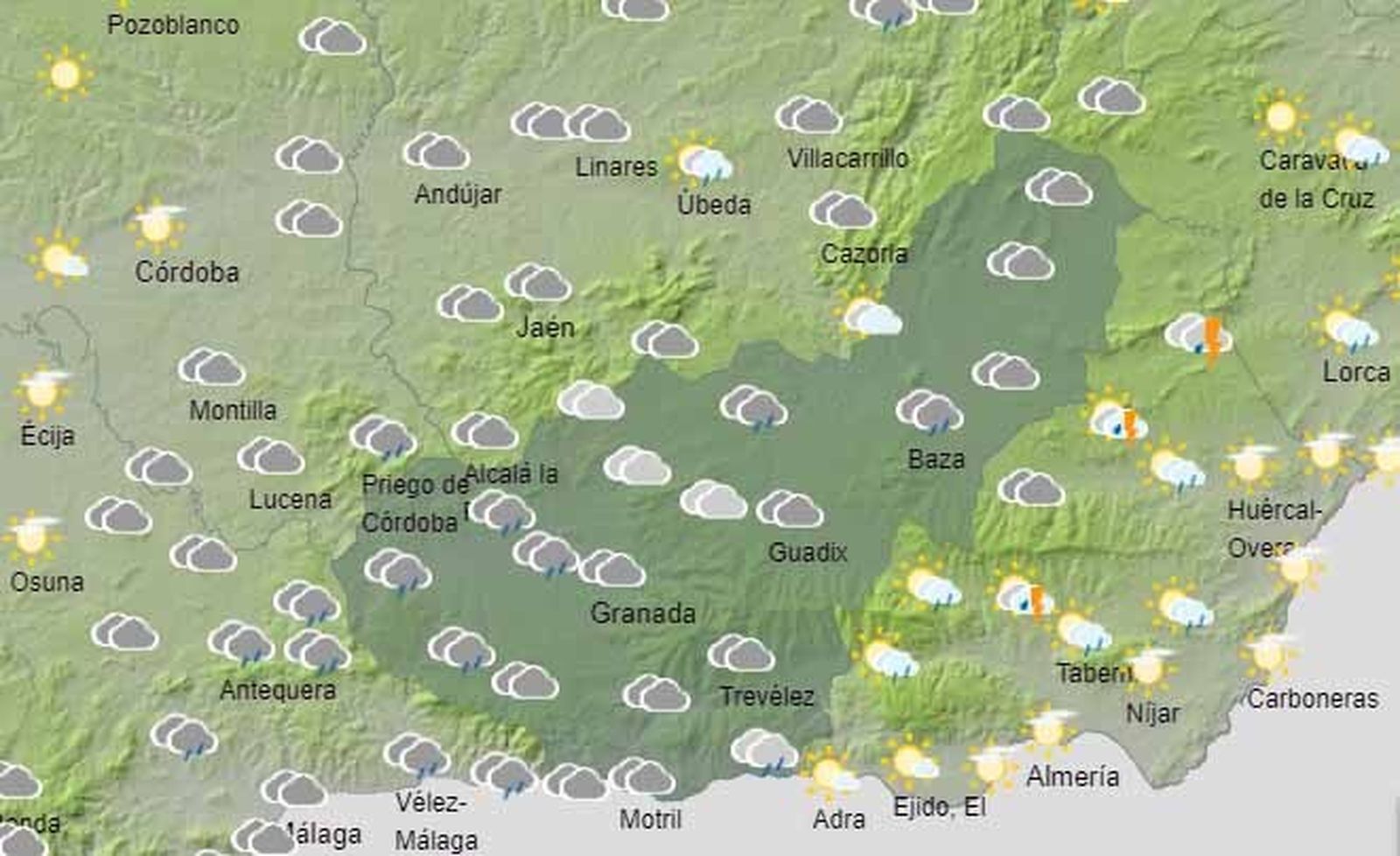 Mapa sobre la provincia de Granada ofrecido por la Aemet para las 16:00 horas de este martes