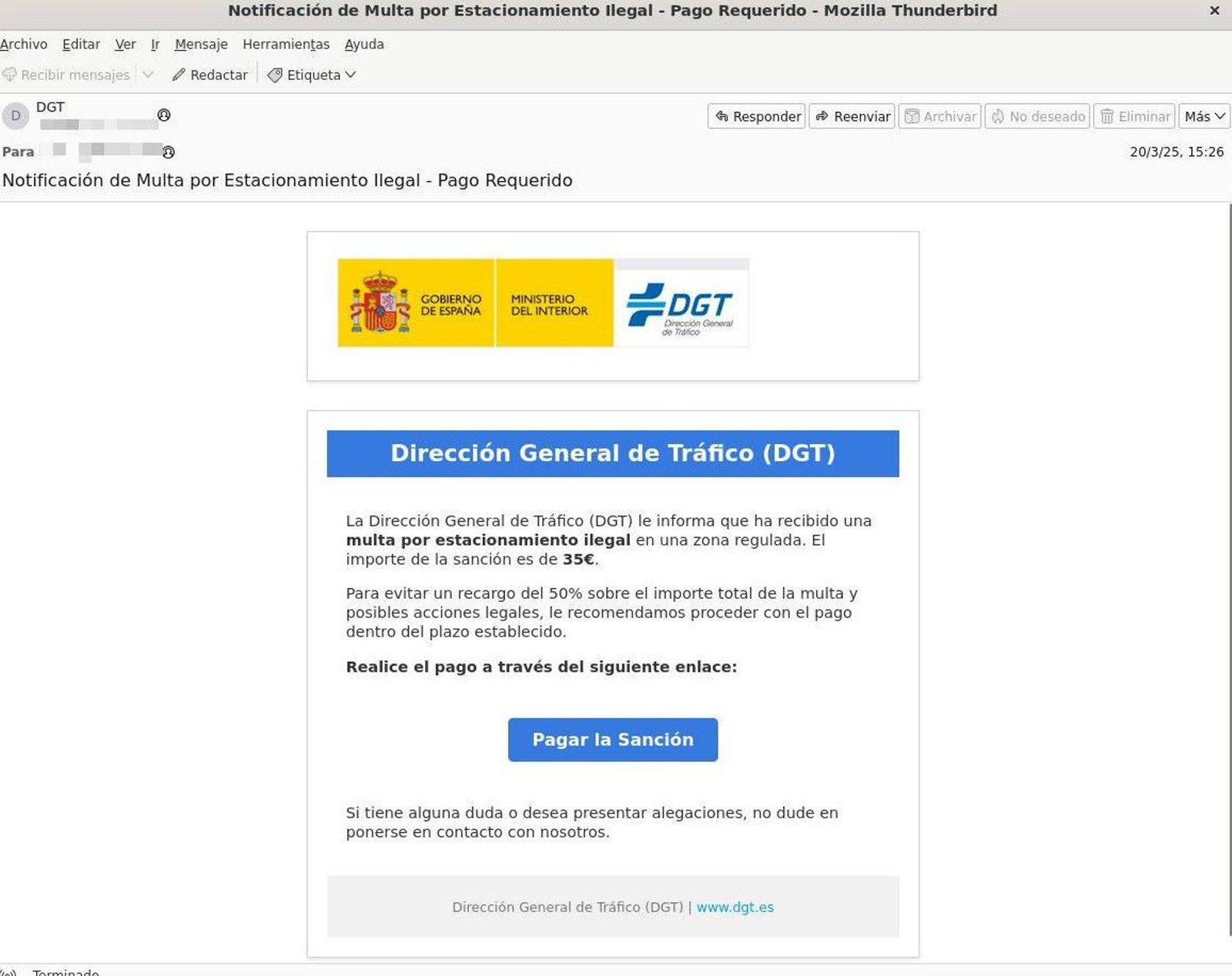 Aspecto aparentemente normal de una web fraudulenta que suplanta la identidad de la DGT. Aspecto aparentemente normal de una web fraudulenta que suplanta la identidad de la DGT.