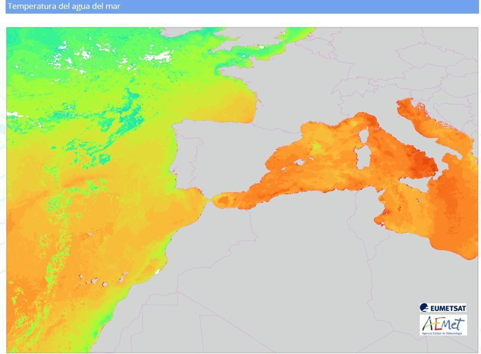 Imagen generada por satélite con la temperatura del mar. A más rojizo, más cálida está el agua.