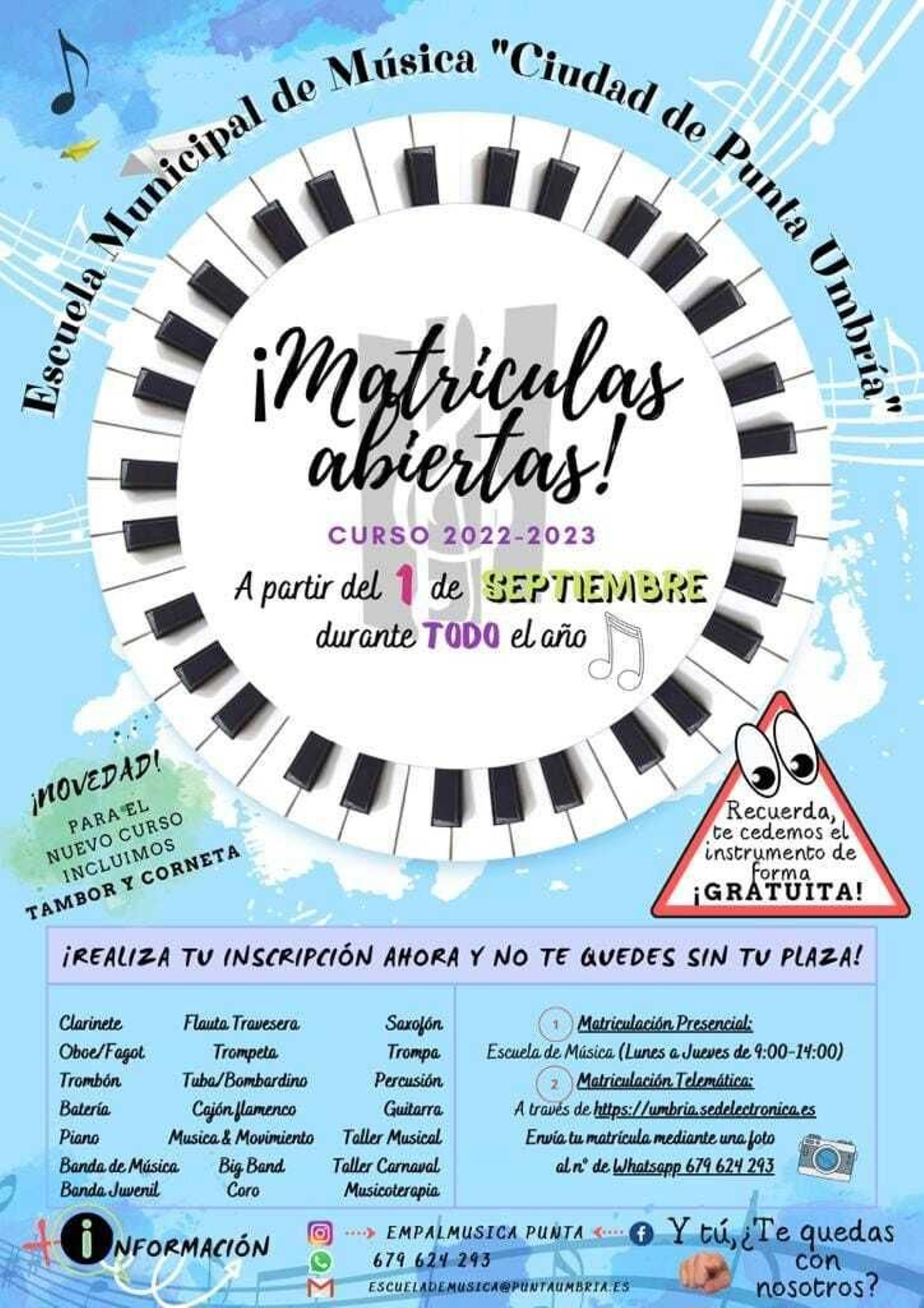 La Escuela Municipal de Música de Punta Umbría reabre su plazo de inscripción