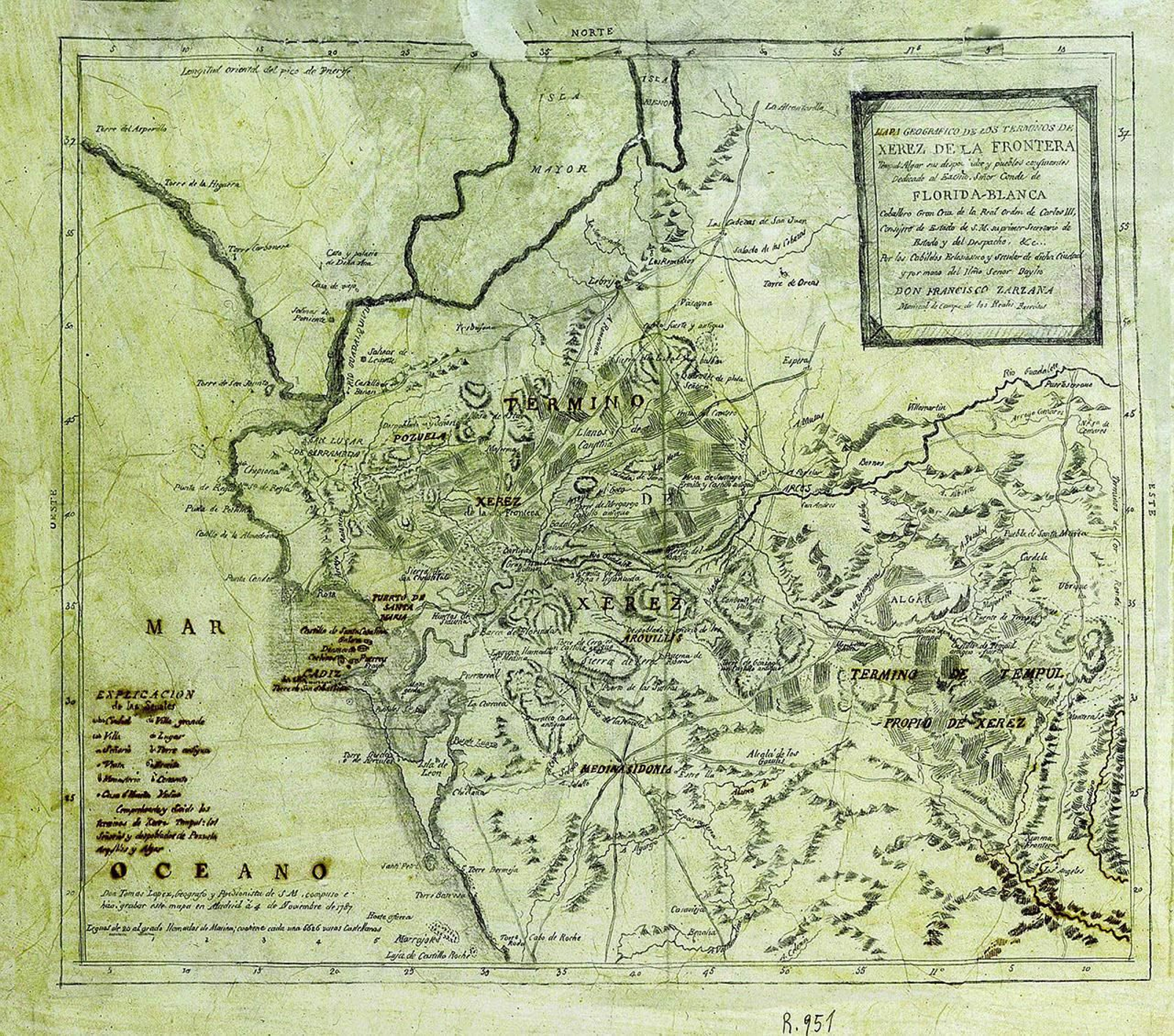 Mapa de la provincia del año 1787, con los términos municipales de Xerez y Tempul (abajo de Algar).