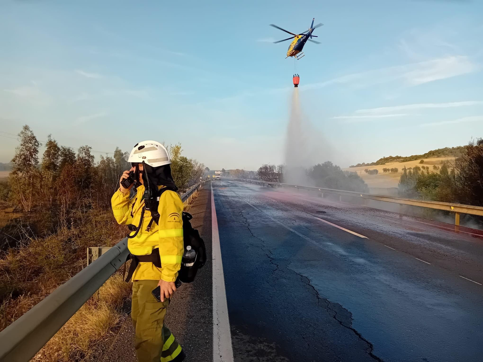Efectivos aéreos del Plan Infoca trabajan en un incendio forestal.