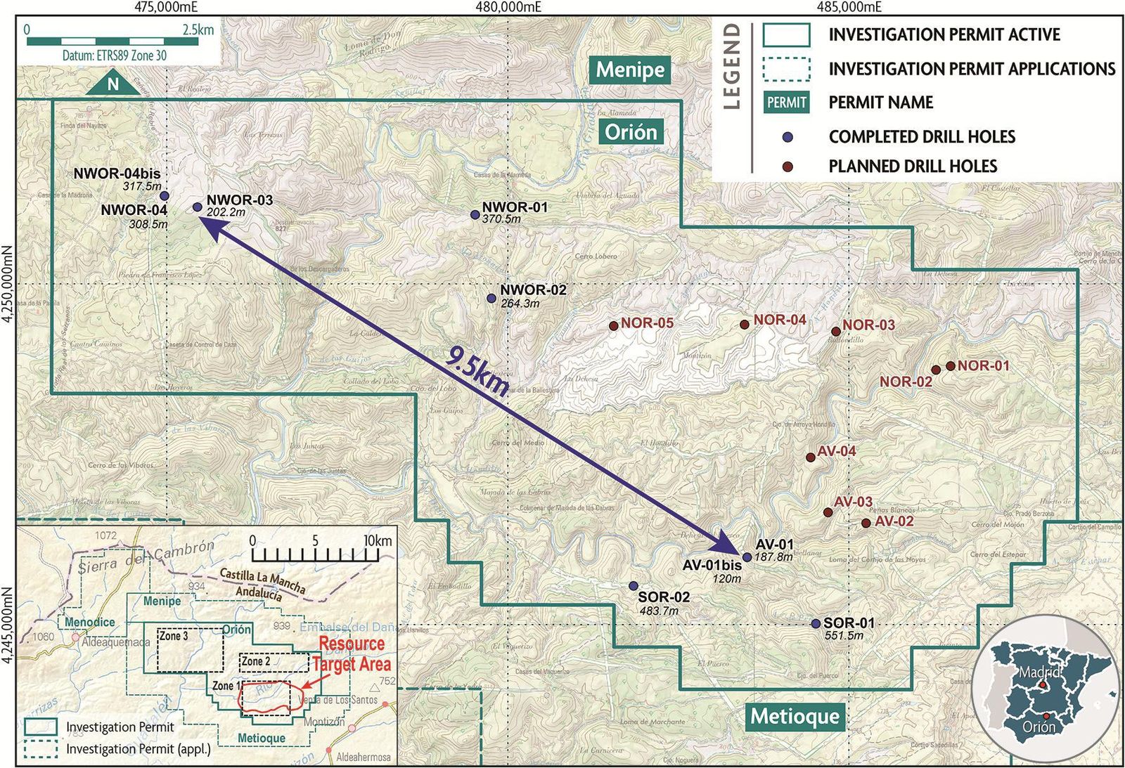 Mapa con los diferentes sondeos del Proyecto Orión en la provincia de Jaén.