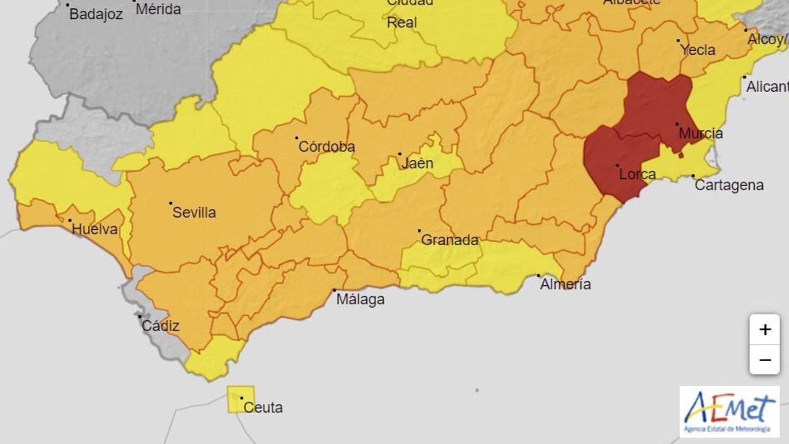 Mapa de avisos por calor en Andalucía.
