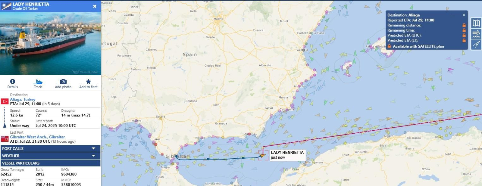 La trayectoria actual del Lady Henrietta, en camino hacia Aliaga, Turquía.