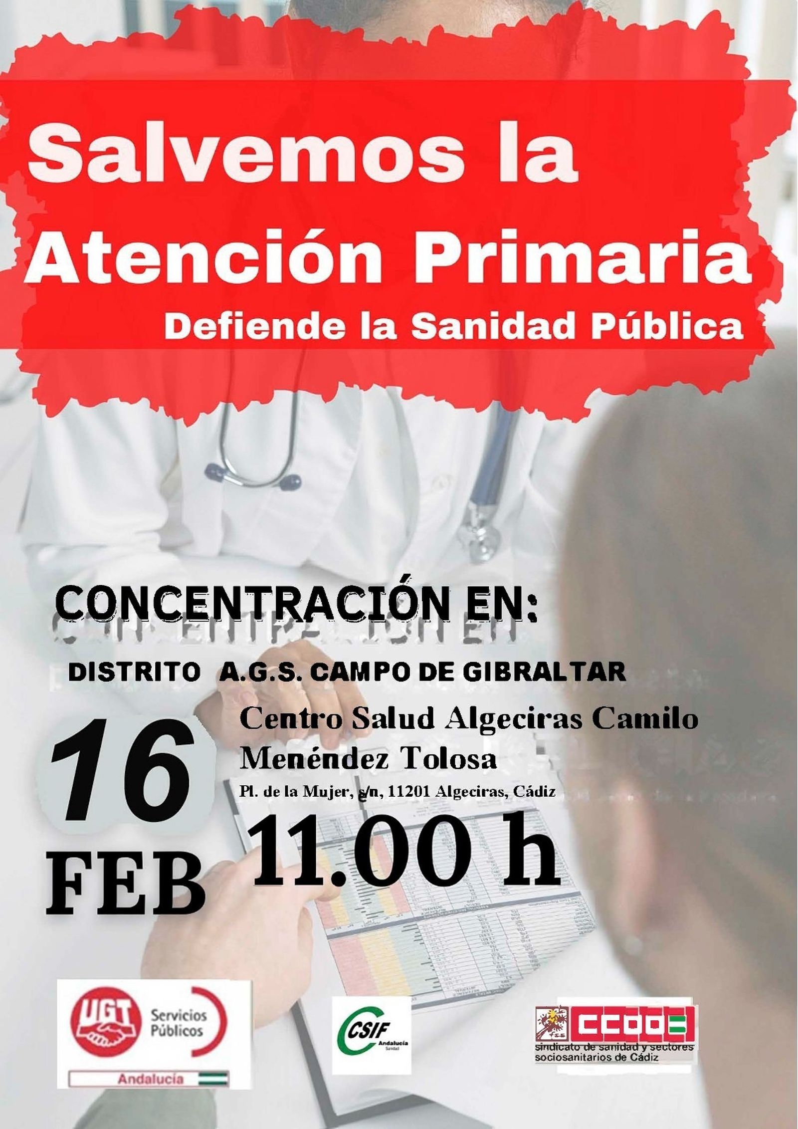 Cartel de la concentración del 16 de febrero frente al ambulatorio de Algeciras.