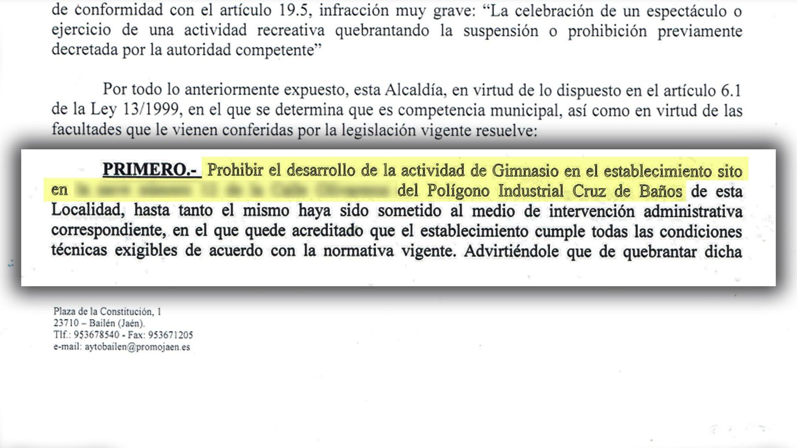 Extracto del decreto en el que el alcalde de Bailén prohíbe la reapertura del gimnasio