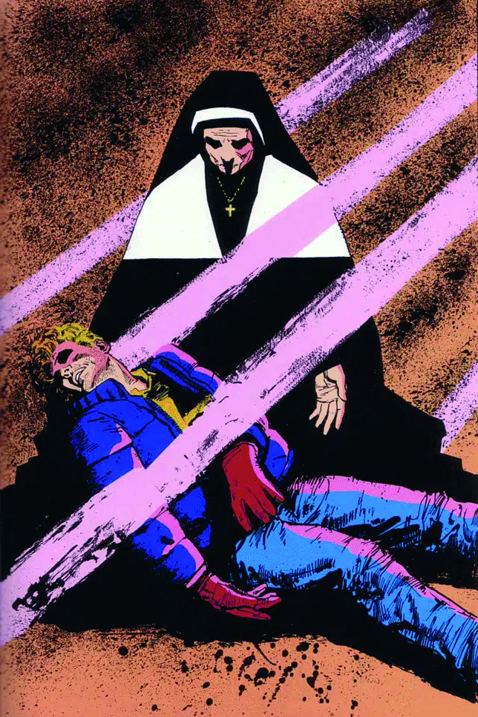 En alusión a La Piedad de Miguel Ángel, la madre de Daredevil, metida a monja, rescata su hijo, que yace en su regazo.