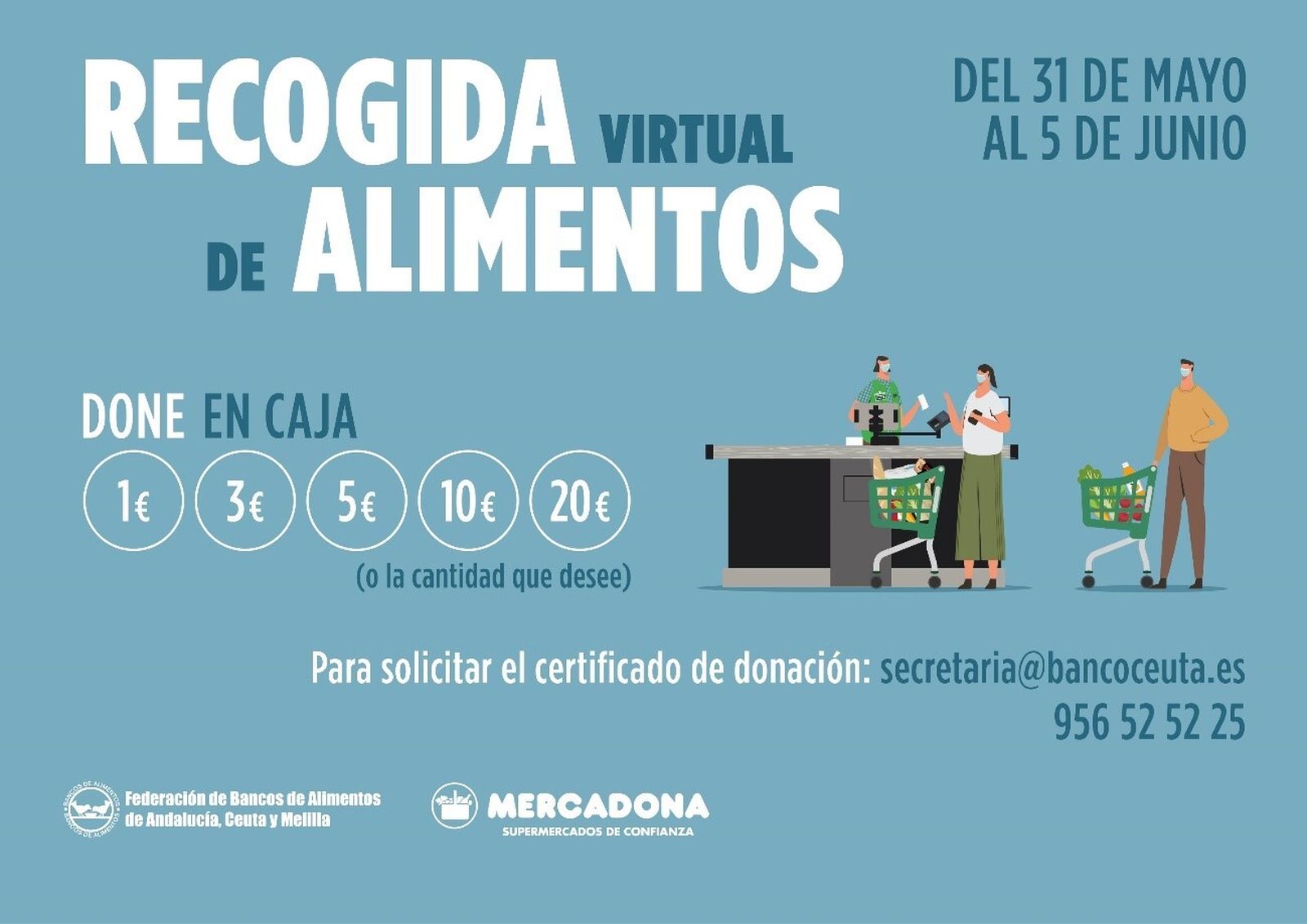 Cartel informativo que Mercadona colocará en sus supermercados para informar a los clientes de la recogida virtual de alimentos.