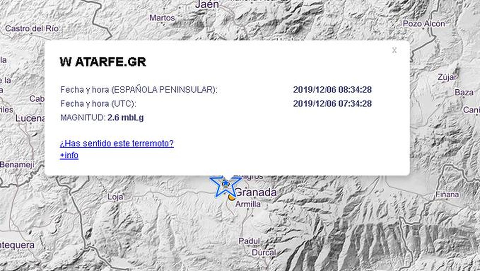 Un terremoto de magnitud 2,6 se deja sentir en Atarfe, Santa Fe, Vegas del Genil y Granada