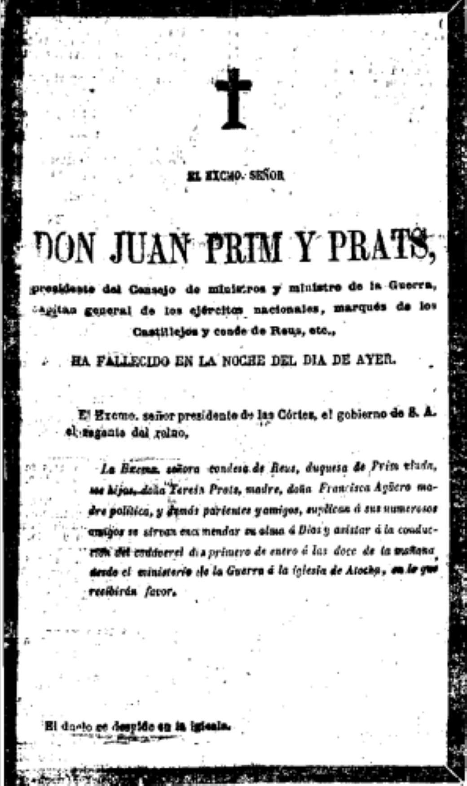Esquela mortuoria de Prim.