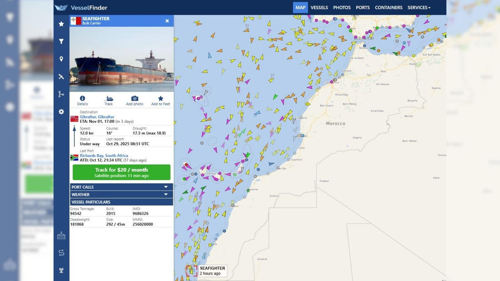Posición del 'Seafighter' a las 12:00 del 29 de octubre. Navega en estos momentos frente a las costas de Mauritania con destino a Gibraltar, donde tiene previsto arribar el 1 de noviembre a las 17:00.
