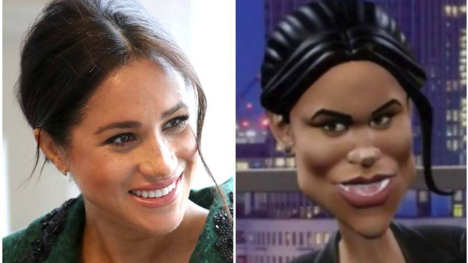 Meghan Markle, y a la derecha la muñeca 3D creada a modo de parodia de la duquesa.