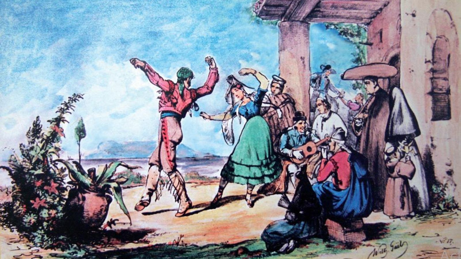 Grabado coloreado representa a un grupo de personas presenciando el baile del fandango suelto delante de la Capilla.