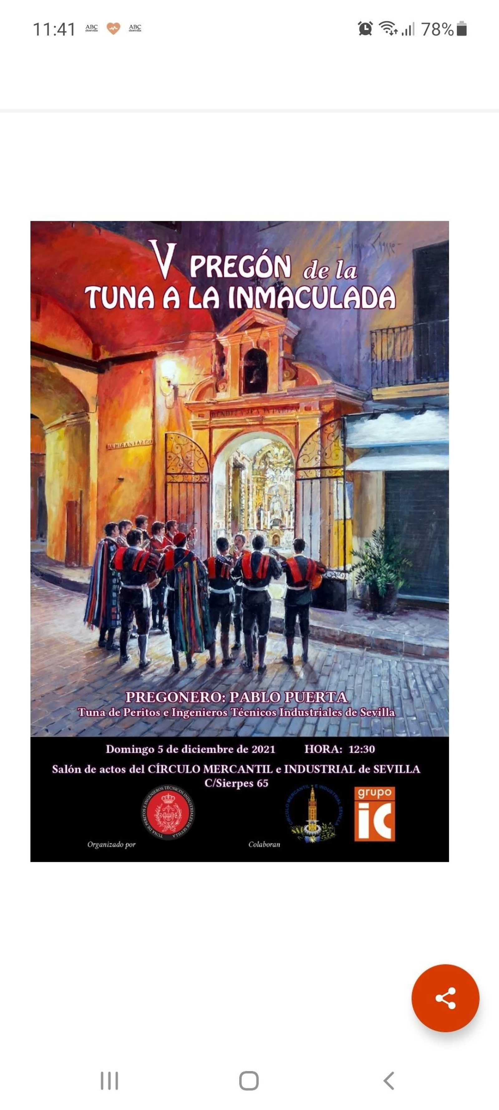 Cartel del V Pregón de la Tuna a la Inmaculada.