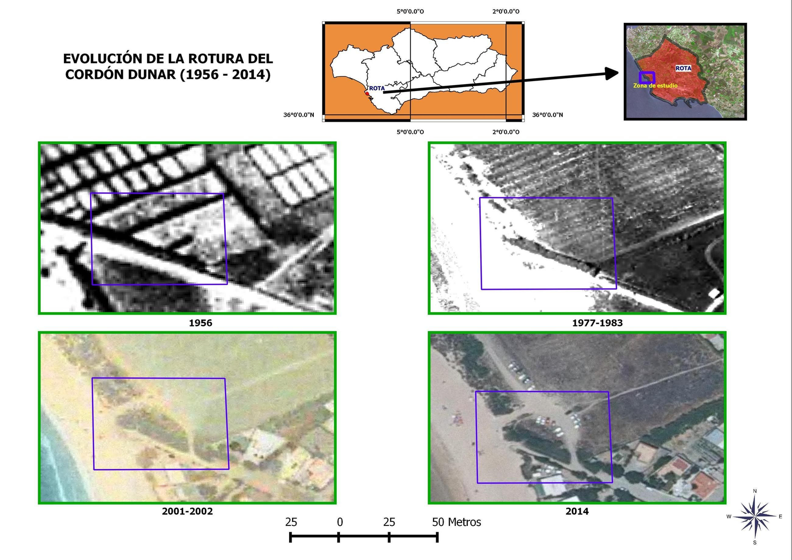 Evolución de la rotura del cordón dunar en la zona de las Peginas de Rota. Evolución de la rotura del cordón dunar en la zona de las Peginas de Rota.