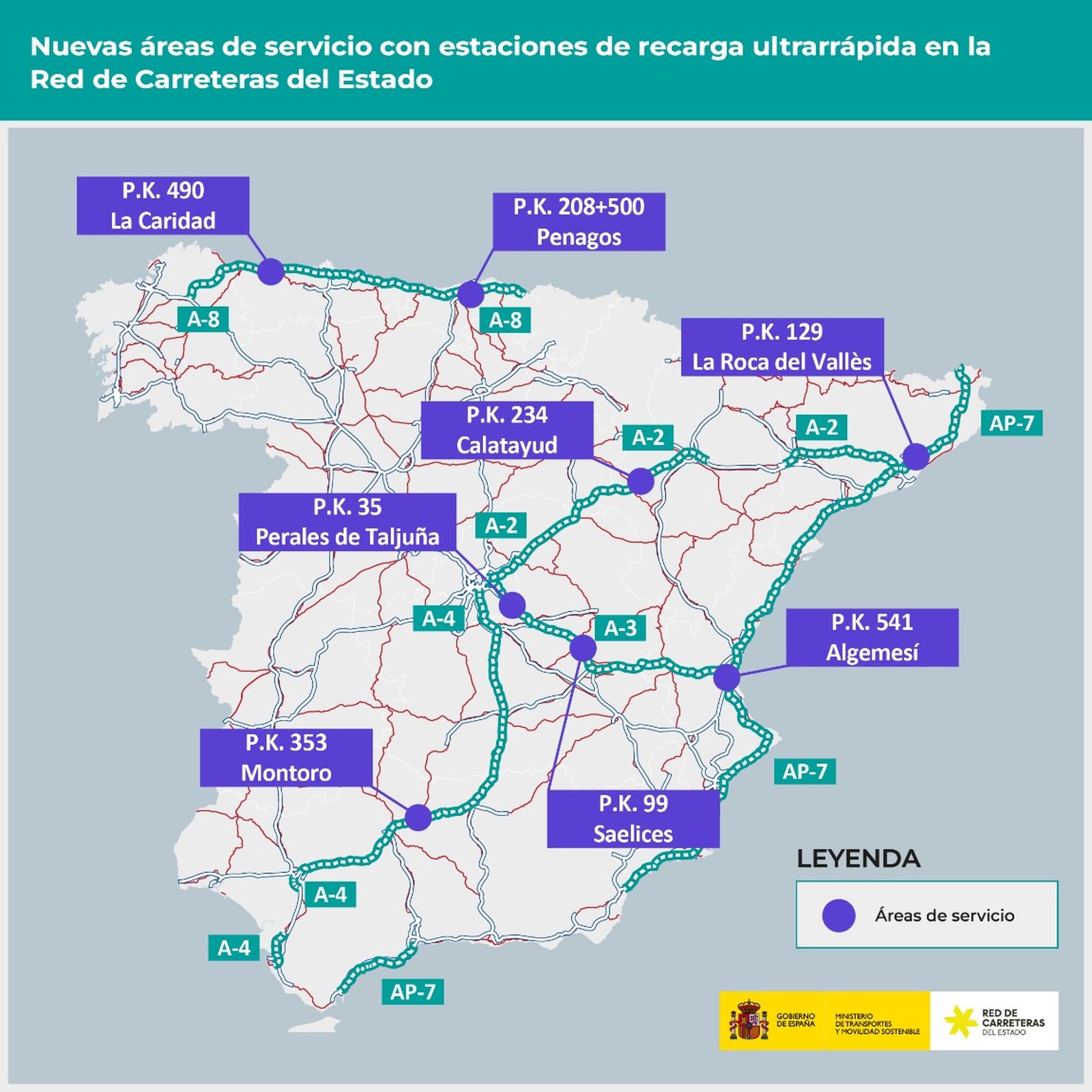 Mapa con las nuevas áreas de servicio en las carreteras españolas.