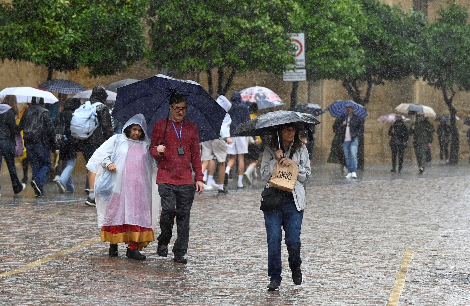 Turistas bajo la lluvia en Córdoba.