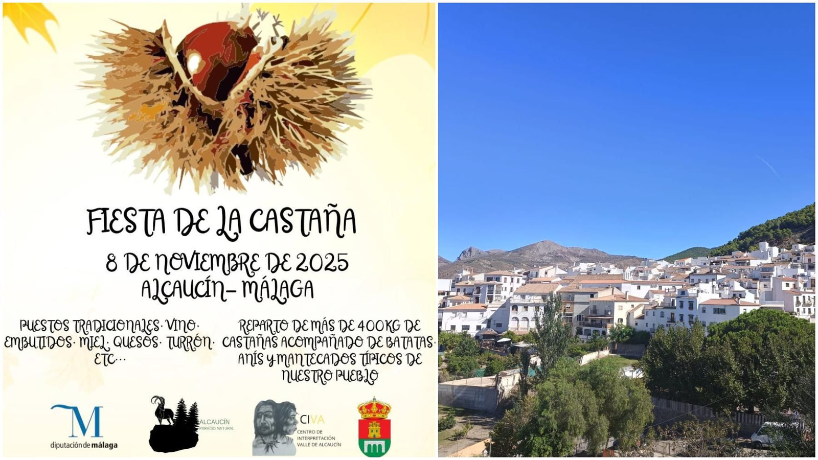 Cartel promocional de la Fiesta de la Castaña y una panorámica de Alcaucín.
