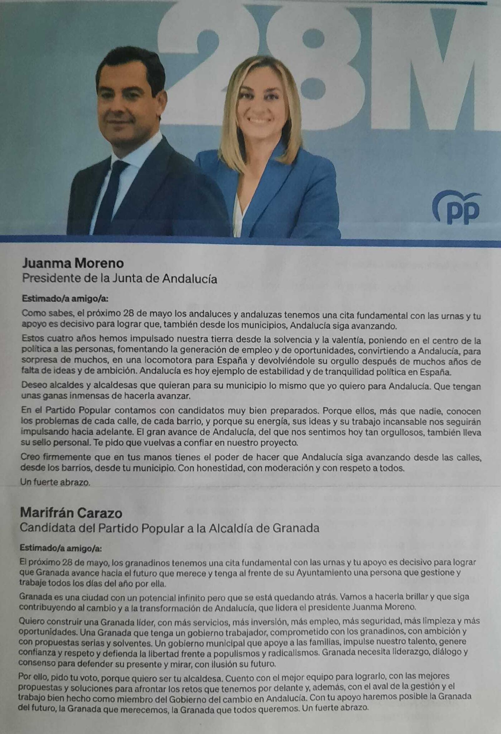 Imagen de la publicidad electoral enviada por correo a los granadinos