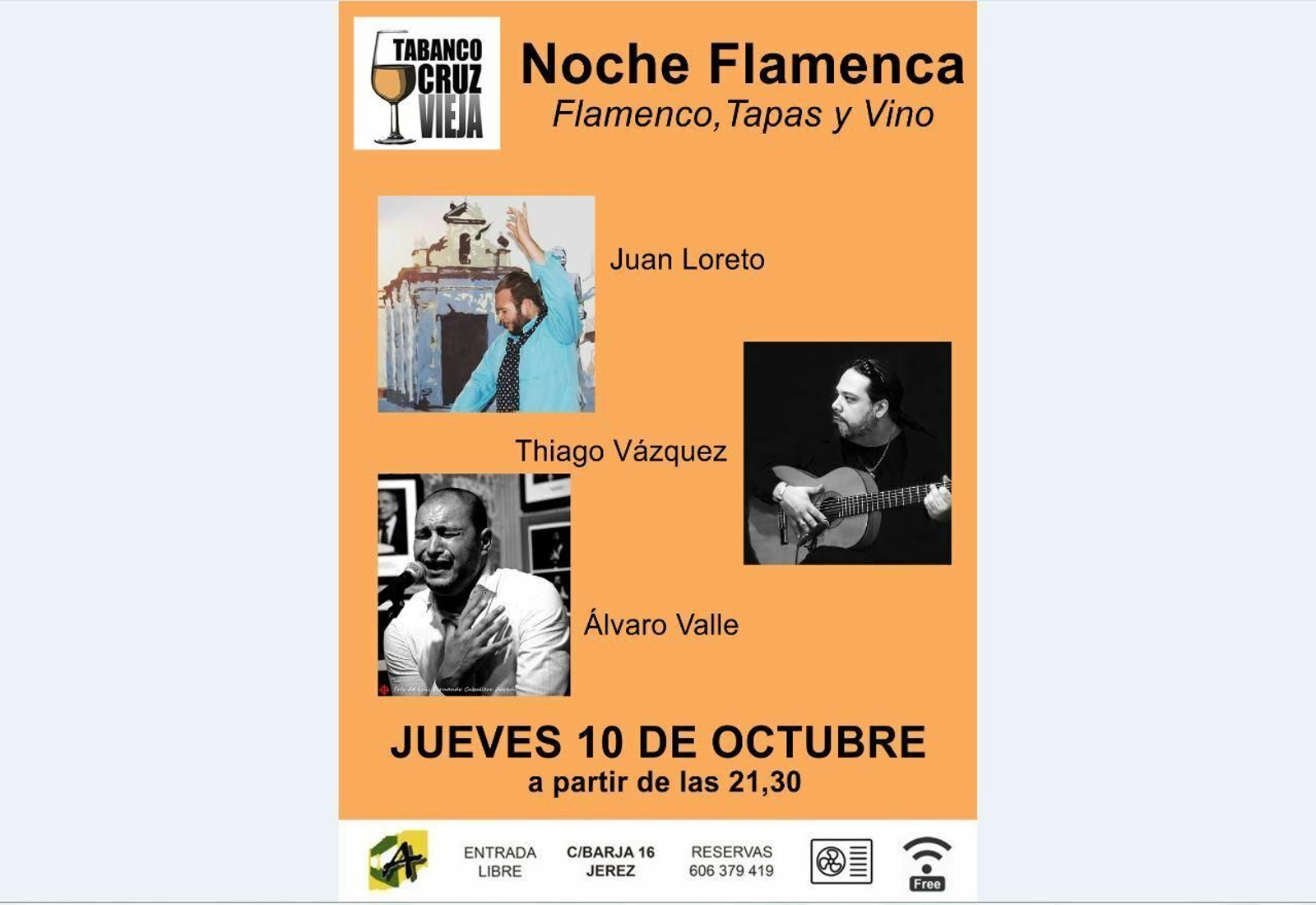 NOCHE FLAMENCA EN EL TABANCO CRUZ VIEJA. Este jueves, 10 de octubre, se celebra la 'Noche flamenca' en el Tabanco Cruz Vieja con Juan Loreto, Thiago Vázquez y Álvaro Valle. Empieza a las 21.30 horas y la entrada es libre.