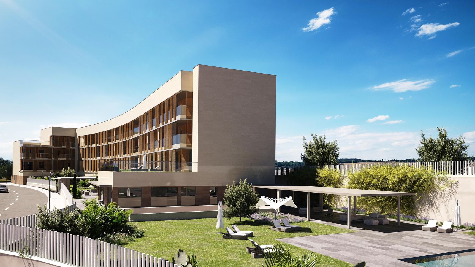 Foto virtual del edificio de 35 apartamentos y de la piscina.