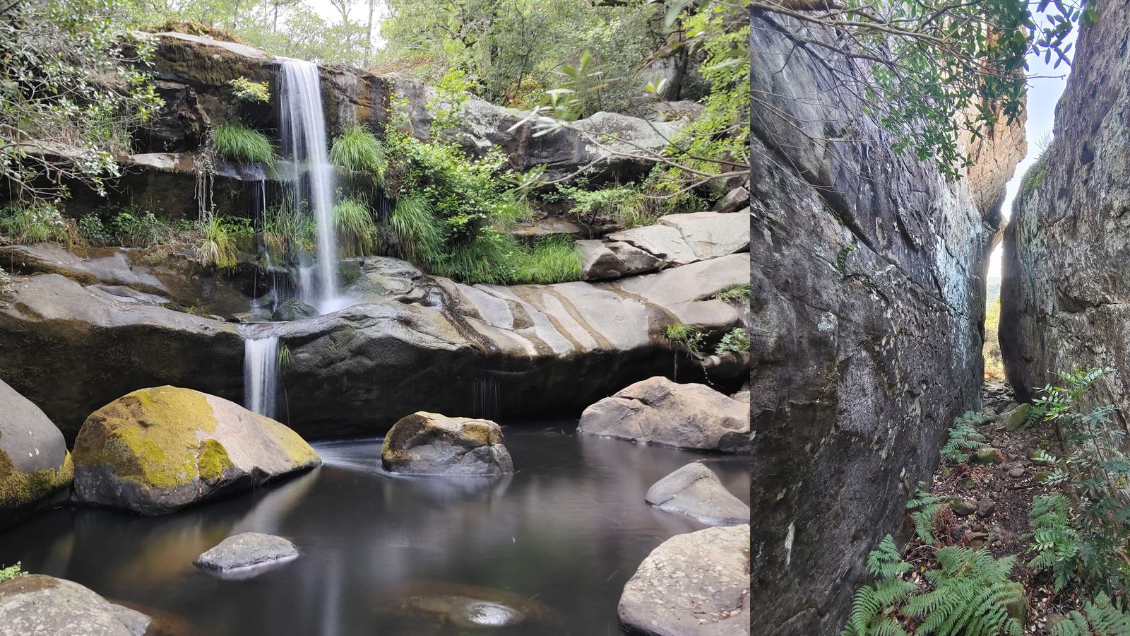 Izqda. Chorrera vinculada al abrigo de los Machos; Dcha. Pasillo generado entre los bloques areniscosos que contienen el abrigo de los Machos