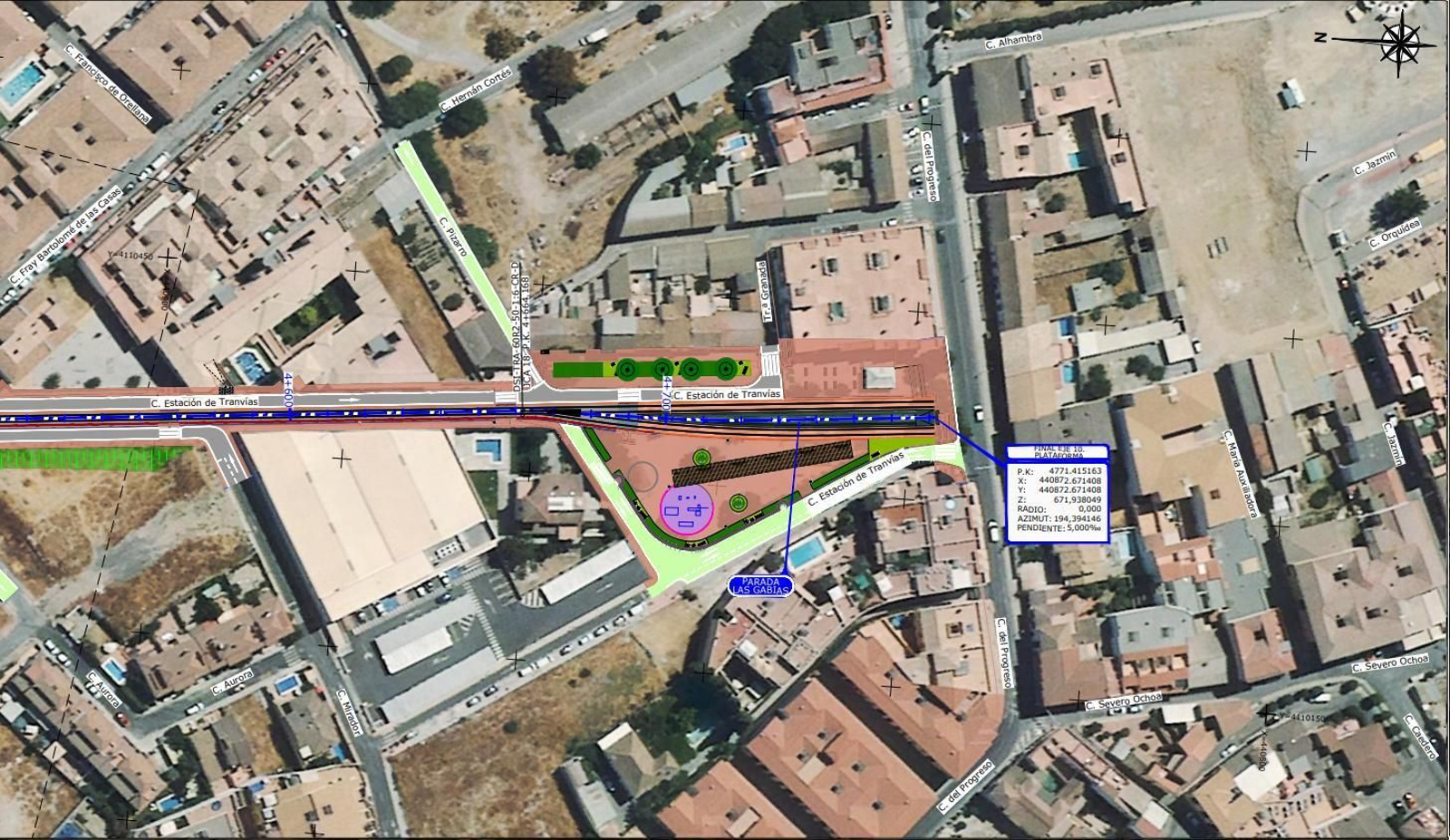 Mapa del trazado definitivo de la ampliación Sur del Metro de Granada por Armilla, Churriana y Las Gabias