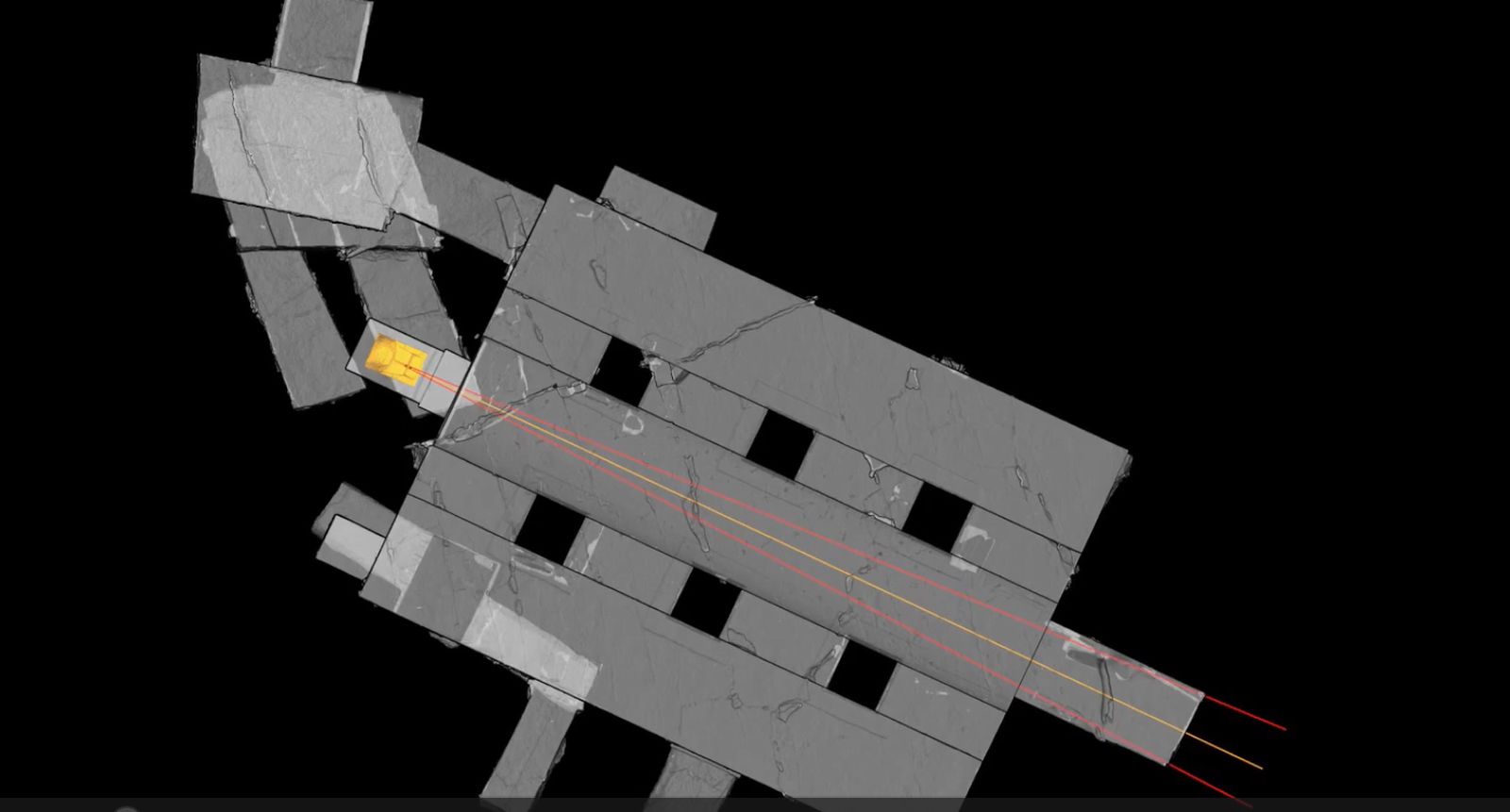 Mapa 3D del momento de la iluminación de la tumba durante el solsticio de invierno.