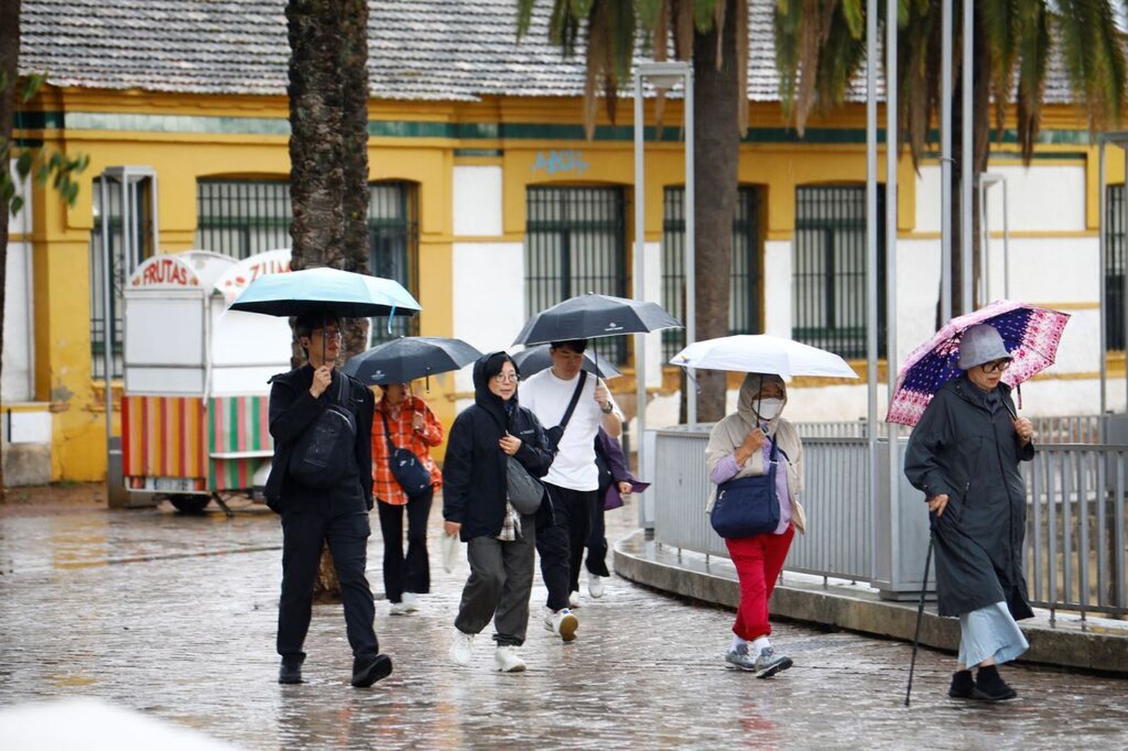 Turistas en la zona de la Calahorra se protegen de la lluvia con paraguas.
