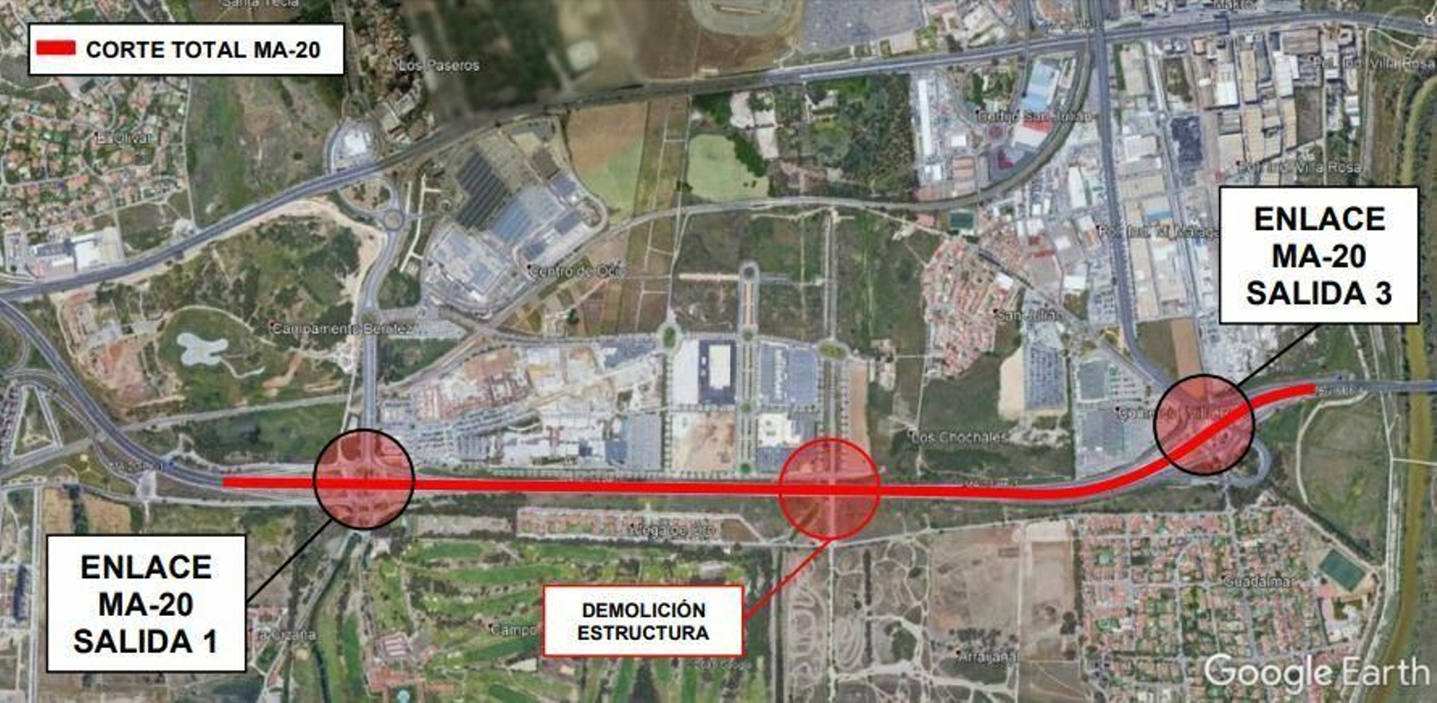 Corte de tráfico en la MA-20 en Málaga.