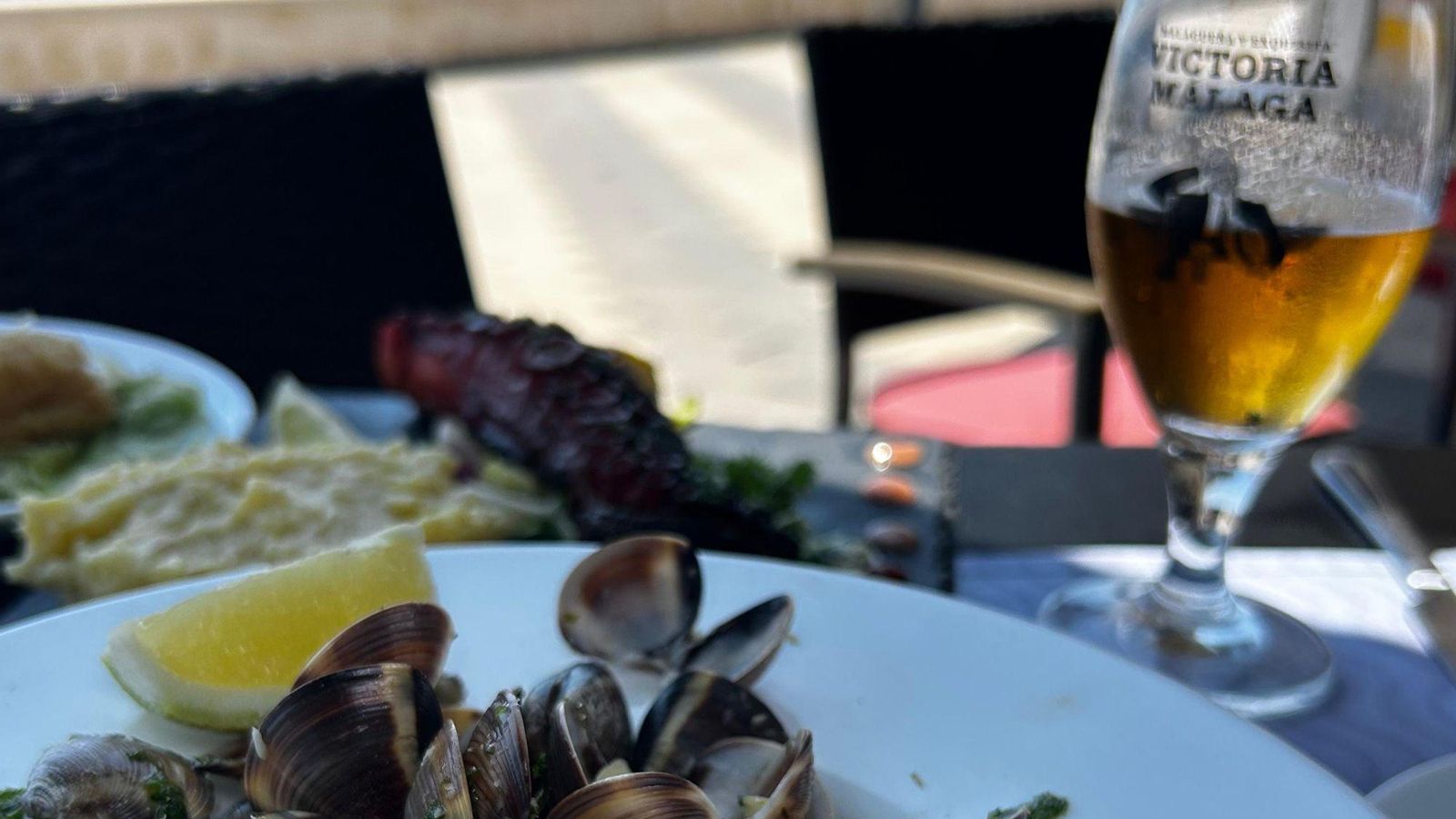 Almejas a la marinera y copa de cerveza bien fría Almejas a la marinera y copa de cerveza bien fría