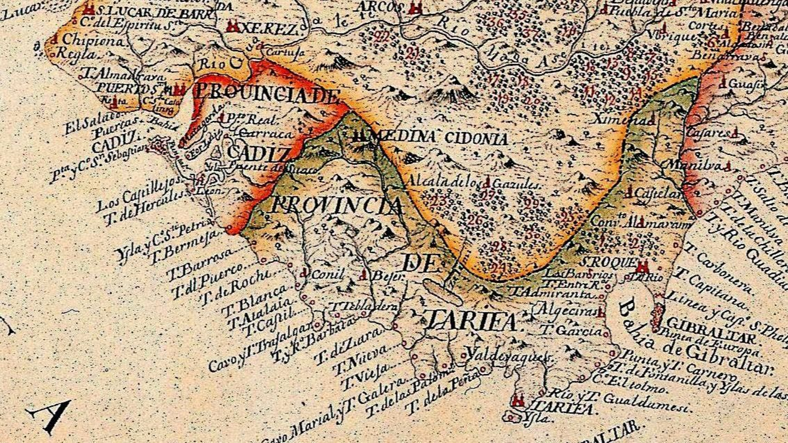 Plano del año 1764 con las Provincias Marítimas de Sanlúcar, Cádiz y Tarifa (que incluía San Roque y Algeciras).