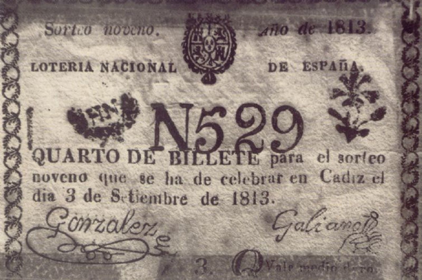 Billete de Lotería de Navidad correspondiente al primer Sorteo en Cádiz (1812).