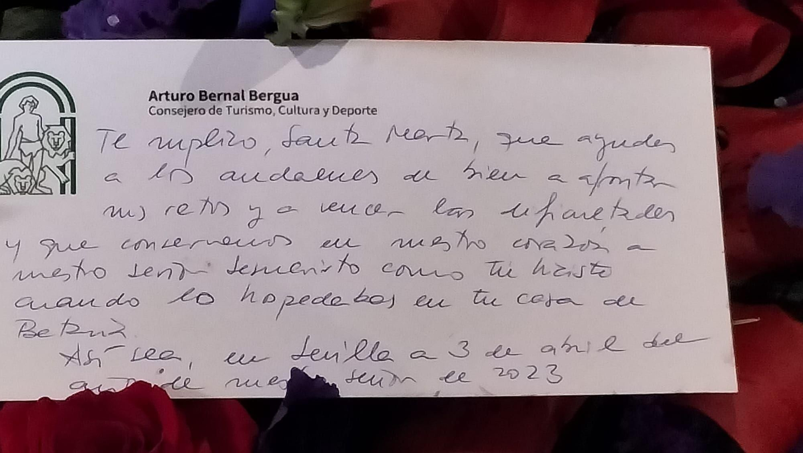 El tarjetón que el consejero de Turismo, Cultura y Deporte envió a Santa Marta.
