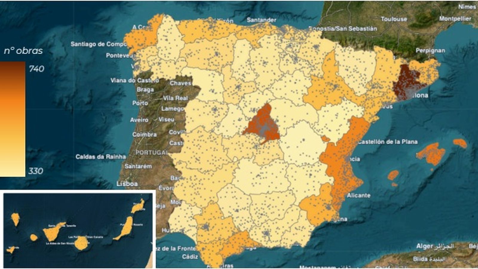 Mapa de obras anuales en España.