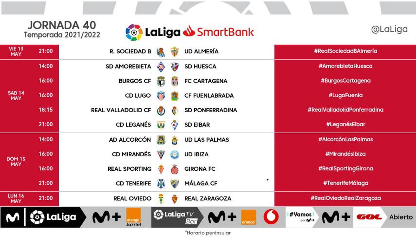 Horarios de la jornada 40 de LaLiga Smartbank.