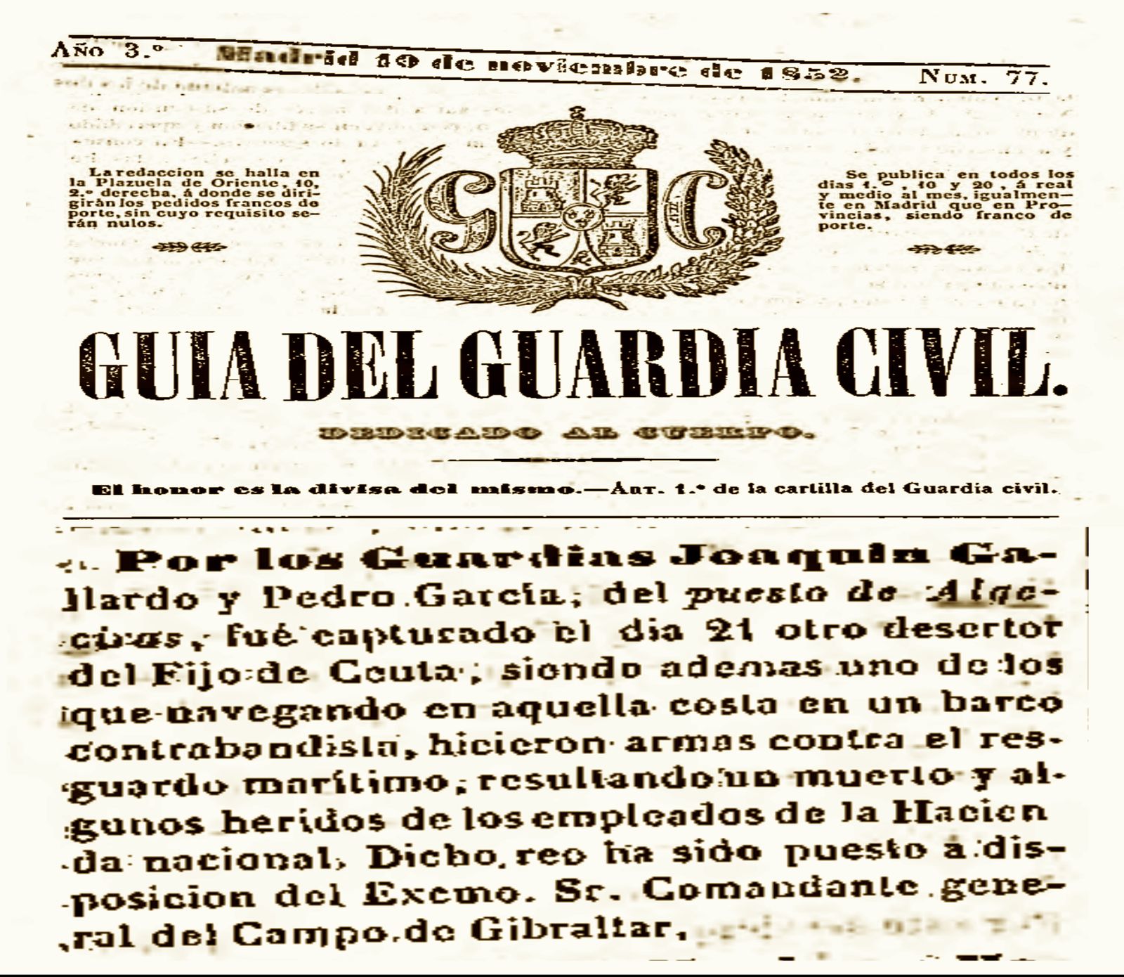 Servicio del puesto de Algeciras publicado en el 'Guía del Guardia Civil' núm. 77 (1852). 