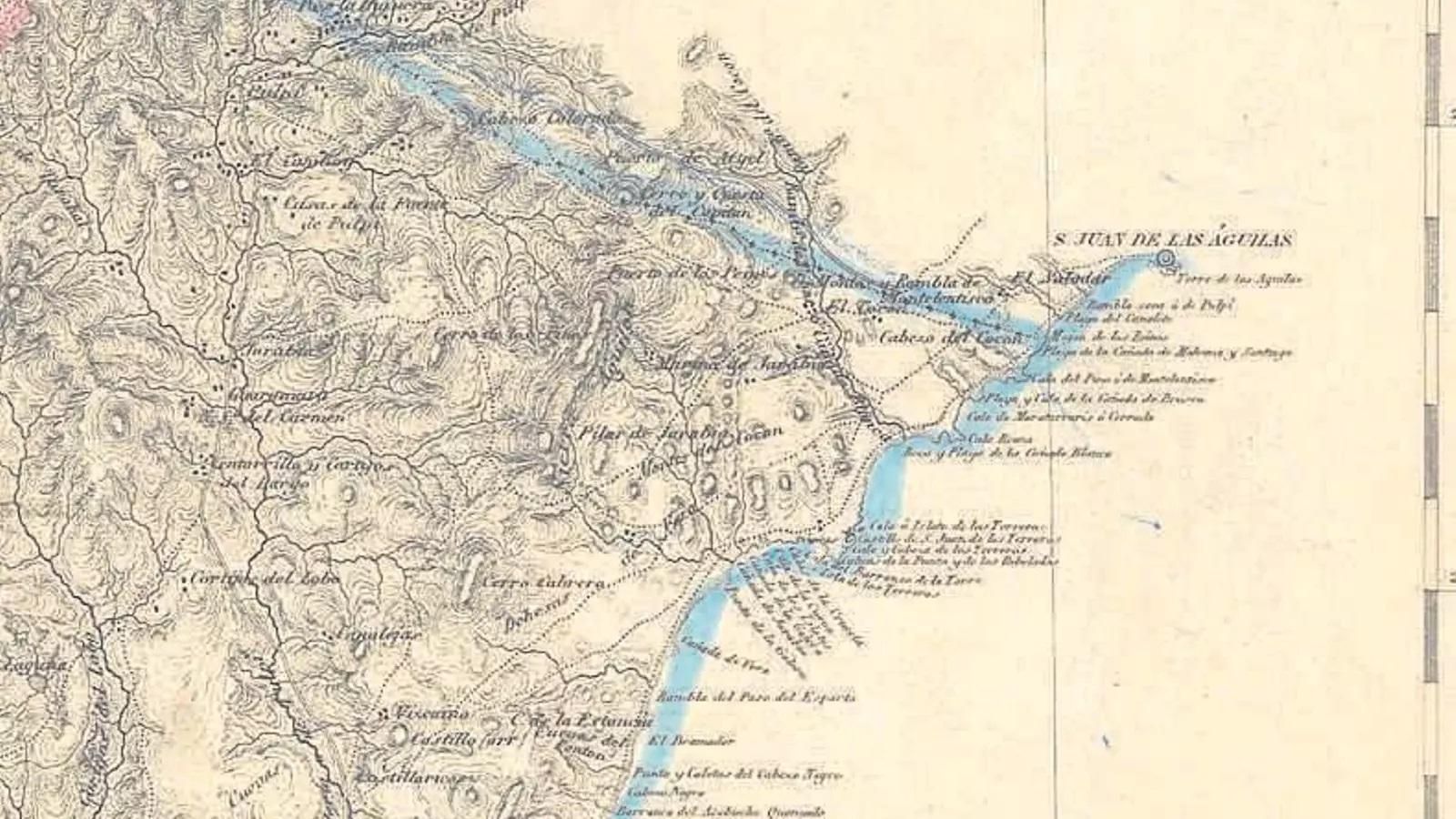El mapa de Francisco Coello (1855) plasma la División Territorial de España, vigente en la actualidad, que se realizó en 1833. En él, el deslinde de las provincias de Almería y Murcia se sitúa a 2,2 kilómetros de Águilas. Por lo tanto, Almería estaría perdiendo terreno en la provincia
