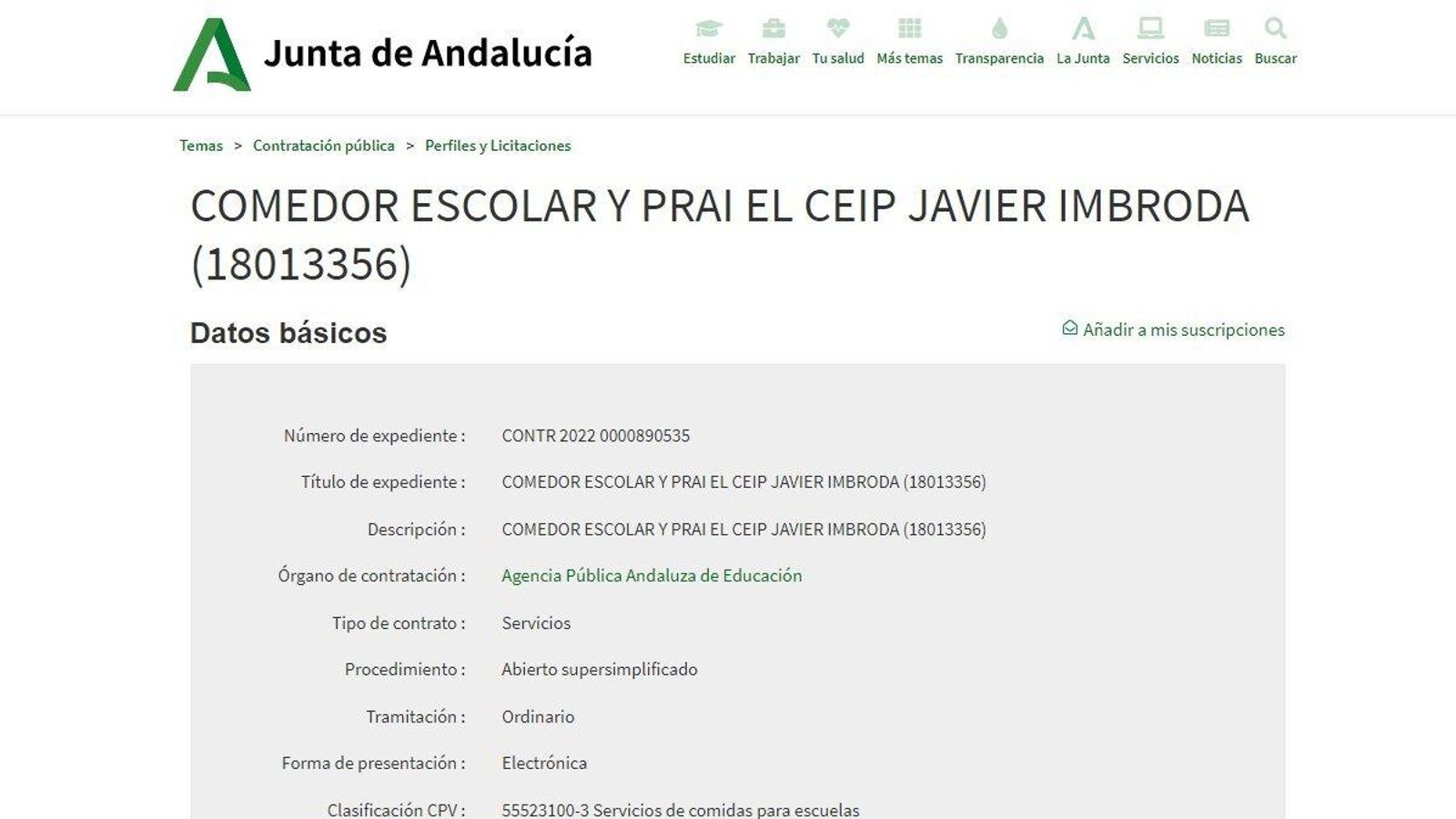 Pantallazo del portal de licitaciones de la Junta con la denominación del nuevo colegio de Alhendín.
